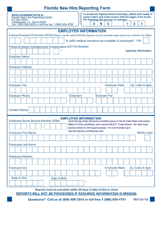 Florida New Hire Reporting Form Printable Pdf Download