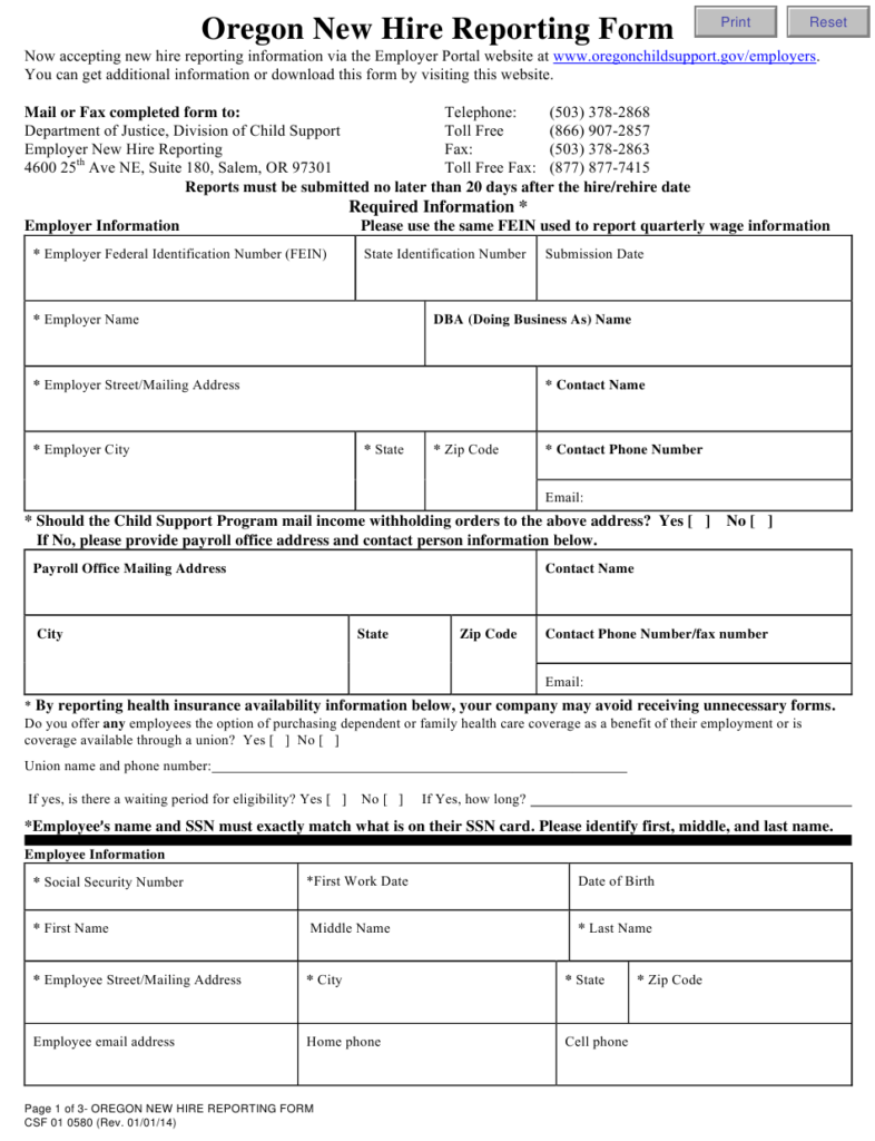 Form CSF01 058 Download Fillable PDF Or Fill Online Oregon New Hire