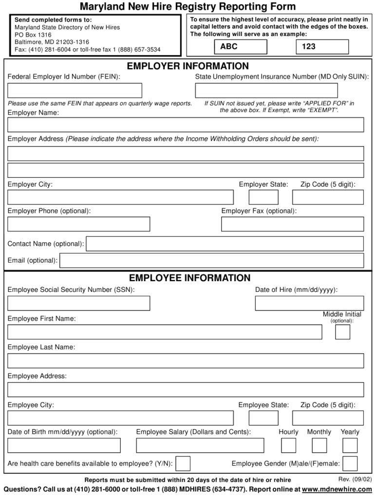 Maryland New Hire Registry Reporting Form Download Printable PDF