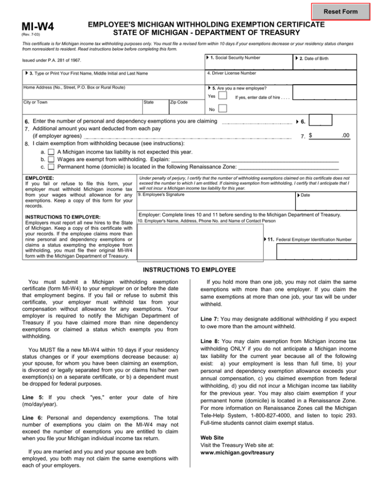MI W4 EMPLOYEE S MICHIGAN WITHHOLDING EXEMPTION CERTIFICATE