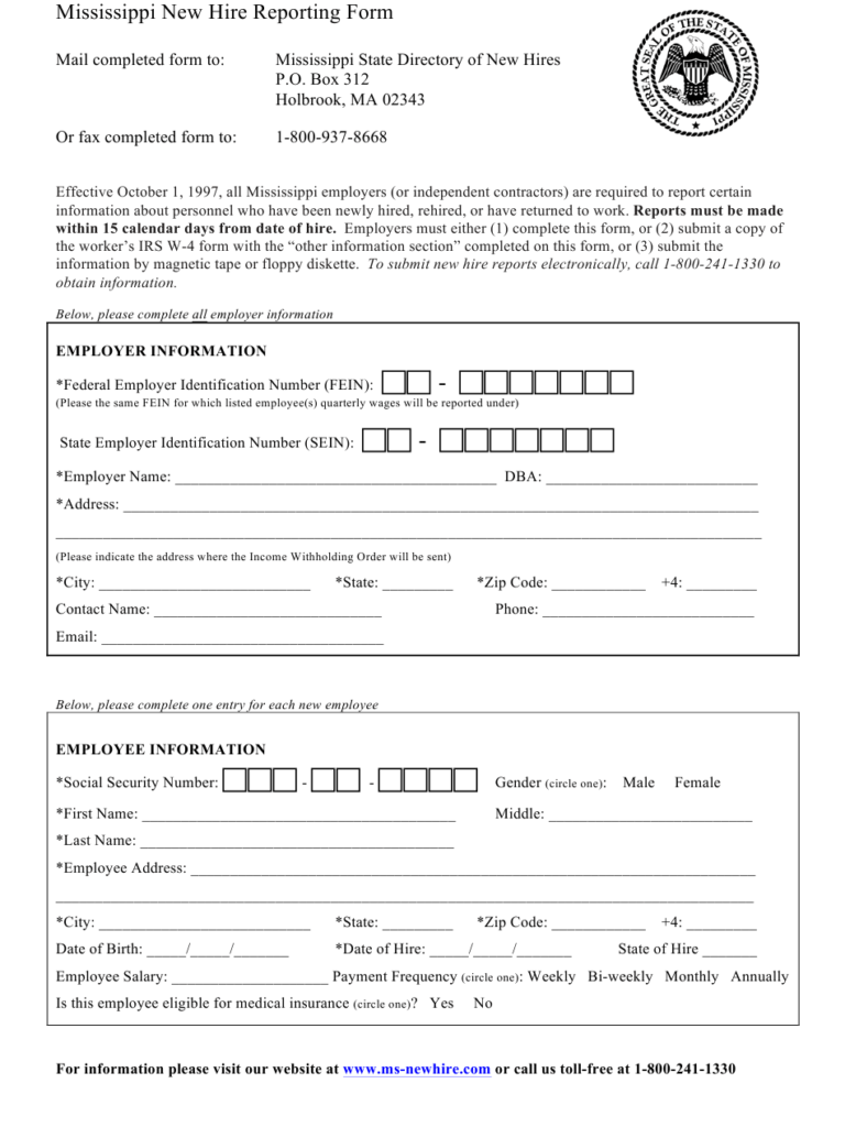 Mississippi Mississippi New Hire Reporting Form Mississippi State 